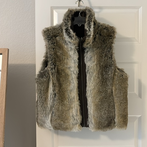 Weatherproof reversible faux fur and brown SZ L high funnel neck puffy gorpcore - Picture 3 of 16